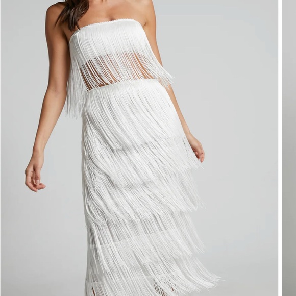 Showpo. Dresses & Skirts - NWT Showpo White Strapless Fringe Dress. NEVER BEEN WORN